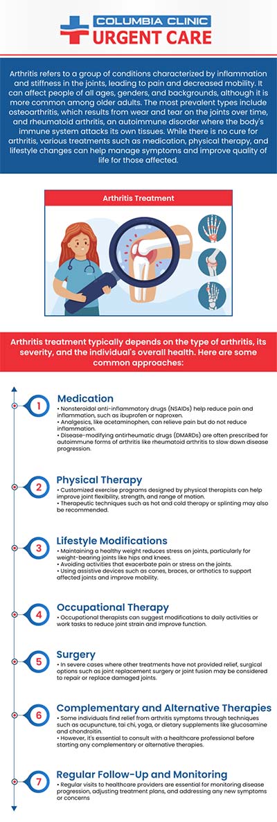 Arthritis is inflammation that occurs in one or more of your joints. There are different types of arthritis including the two most common, osteoarthritis and rheumatoid arthritis. Osteoarthritis attacks the cartilage of the joint causing it to break down. For more information, please contact us or request an appointment online. We have convenient locations to serve you at Tibbetts St Portland, Stark Street Portland and Tigard, OR. We also accept walk-ins.