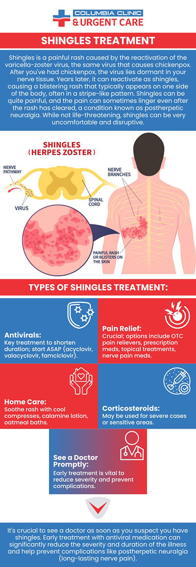If you or someone you know is suffering from shingles, come to Columbia Clinic Urgent Care for comprehensive treatment. Call our team or visit us online to book an appointment. We have convenient locations to serve you in 82nd Avenue Portland OR, Mall 205 Portland OR and Tigard OR. Hours Vary By Location. If you or someone you know is suffering from shingles, come to Columbia Clinic Urgent Care for comprehensive treatment. Call our team or visit us online to book an appointment. We have convenient locations to serve you in 82nd Avenue Portland OR, Mall 205 Portland OR and Tigard OR. Hours Vary By Location.