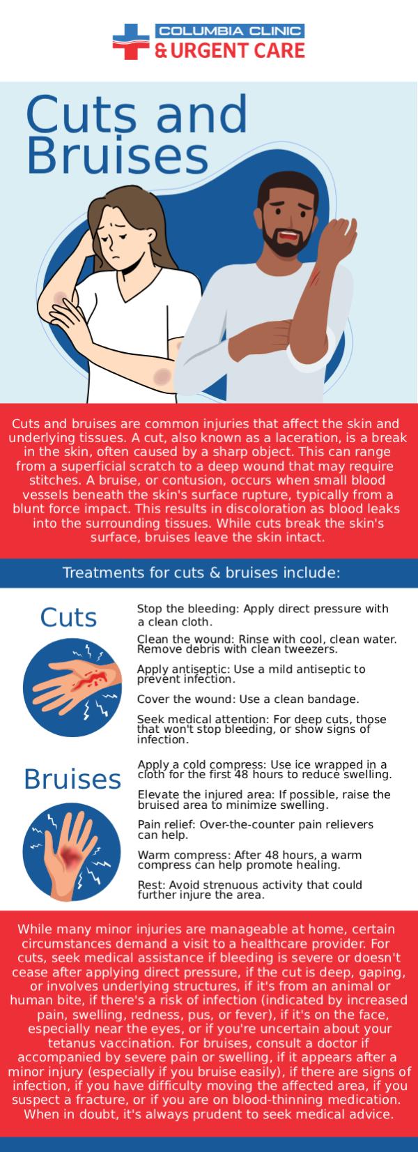 Cuts and bruises can be mild to severe and treatments are available. Columbia Clinic Urgent Care is here to help treat cuts and bruises. We also accept walk-ins. Call us today or visit us online to book an appointment. Cuts and bruises can be mild to severe and treatments are available. Columbia Clinic Urgent Care is here to help treat cuts and bruises. We also accept walk-ins. Call us today or visit us online to book an appointment.
