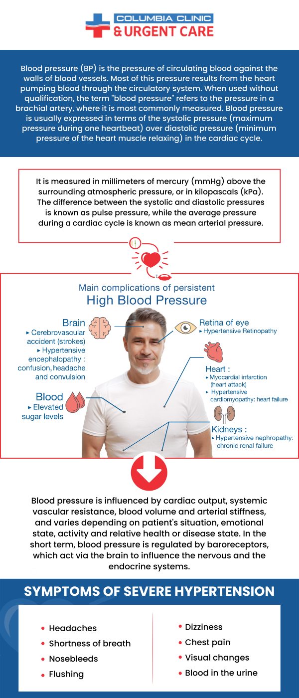 If a person has elevated blood pressure and another condition, such as diabetes, kidney disease, or cardiovascular disease, in addition to lifestyle changes, a doctor might recommend blood pressure screening. At Columbia Clinic Urgent Care, our clinicians provide blood pressure screening services so you can keep track of your health. For more information, contact us or book an appointment online. We have convenient locations to serve you at Tibbetts St Portland, Stark Street Portland and Tigard, OR. If a person has elevated blood pressure and another condition, such as diabetes, kidney disease, or cardiovascular disease, in addition to lifestyle changes, a doctor might recommend blood pressure screening. At Columbia Clinic Urgent Care, our clinicians provide blood pressure screening services so you can keep track of your health. For more information, contact us or book an appointment online. We have convenient locations to serve you at Tibbetts St Portland, Stark Street Portland and Tigard, OR.