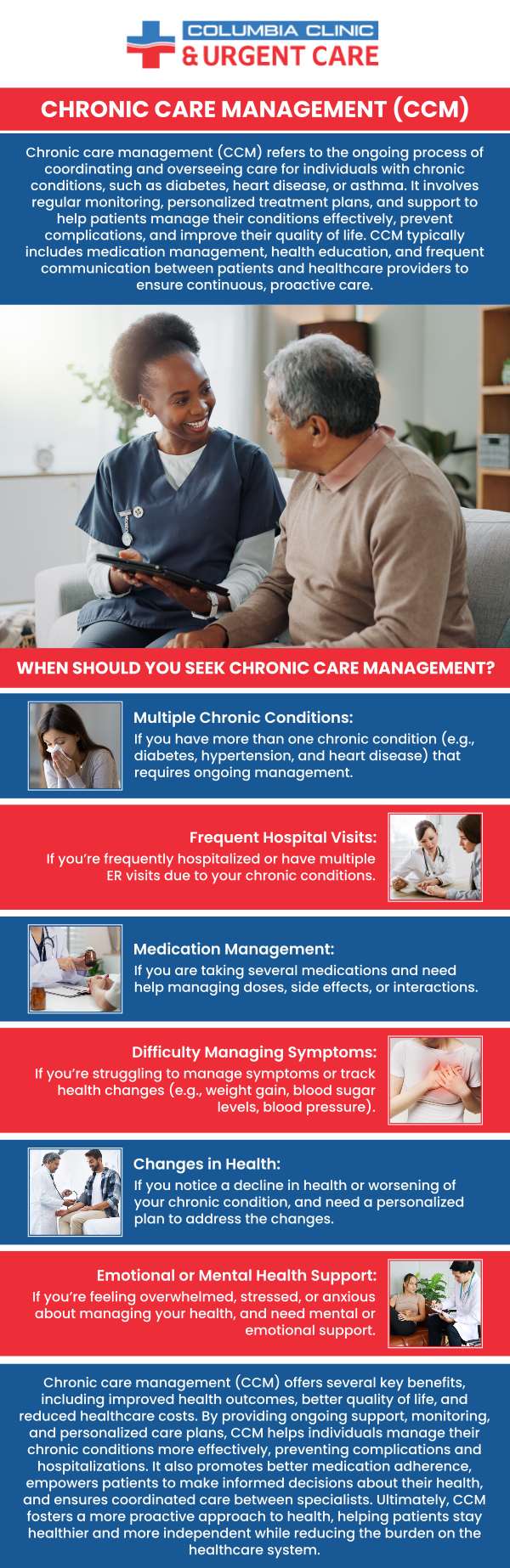 Chronic care refers to medical treatment for pre-existing or long-term illnesses, unlike acute care, which focuses on short-term or severe illnesses. Common chronic conditions include asthma, diabetes, chronic bronchitis, and hypertension, which can lead to severe symptoms without effective treatment. If you are living with a chronic condition, it is important to find the right care. At Columbia Clinic Urgent Care, we provide ongoing care for several chronic conditions. For more information, contact us or request an appointment online. We have convenient locations to serve you at Tibbetts St Portland, Stark Street Portland, and Tigard, OR. We also accept walk-ins. Chronic care refers to medical treatment for pre-existing or long-term illnesses, unlike acute care, which focuses on short-term or severe illnesses. Common chronic conditions include asthma, diabetes, chronic bronchitis, and hypertension, which can lead to severe symptoms without effective treatment. If you are living with a chronic condition, it is important to find the right care. At Columbia Clinic Urgent Care, we provide ongoing care for several chronic conditions. For more information, contact us or request an appointment online. We have convenient locations to serve you at Tibbetts St Portland, Stark Street Portland, and Tigard, OR. We also accept walk-ins.