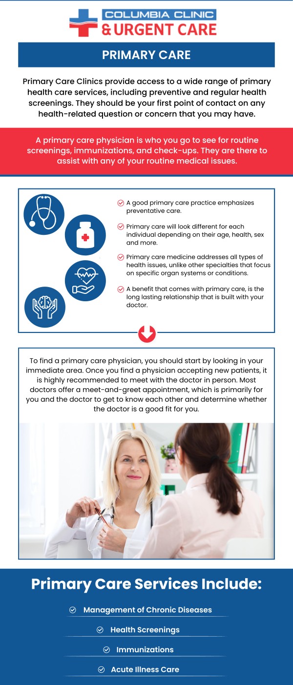 Columbia Clinic Urgent Care in Portland and Tigard, OR, offers comprehensive primary care services, including routine check-ups, physical exams, disease management, and referrals to specialists. Experienced doctors are dedicated to managing chronic conditions, providing preventive care, and treating acute illnesses. Whether you're seeking a new primary care provider or need immediate medical attention, our team is dedicated to helping you achieve optimal health. For more information, contact us or book an appointment online. We have convenient locations to serve you at Tibbetts St Portland, Stark Street Portland, and Tigard, OR. We also accept walk-ins. Columbia Clinic Urgent Care in Portland and Tigard, OR, offers comprehensive primary care services, including routine check-ups, physical exams, disease management, and referrals to specialists. Experienced doctors are dedicated to managing chronic conditions, providing preventive care, and treating acute illnesses. Whether you're seeking a new primary care provider or need immediate medical attention, our team is dedicated to helping you achieve optimal health. For more information, contact us or book an appointment online. We have convenient locations to serve you at Tibbetts St Portland, Stark Street Portland, and Tigard, OR. We also accept walk-ins.