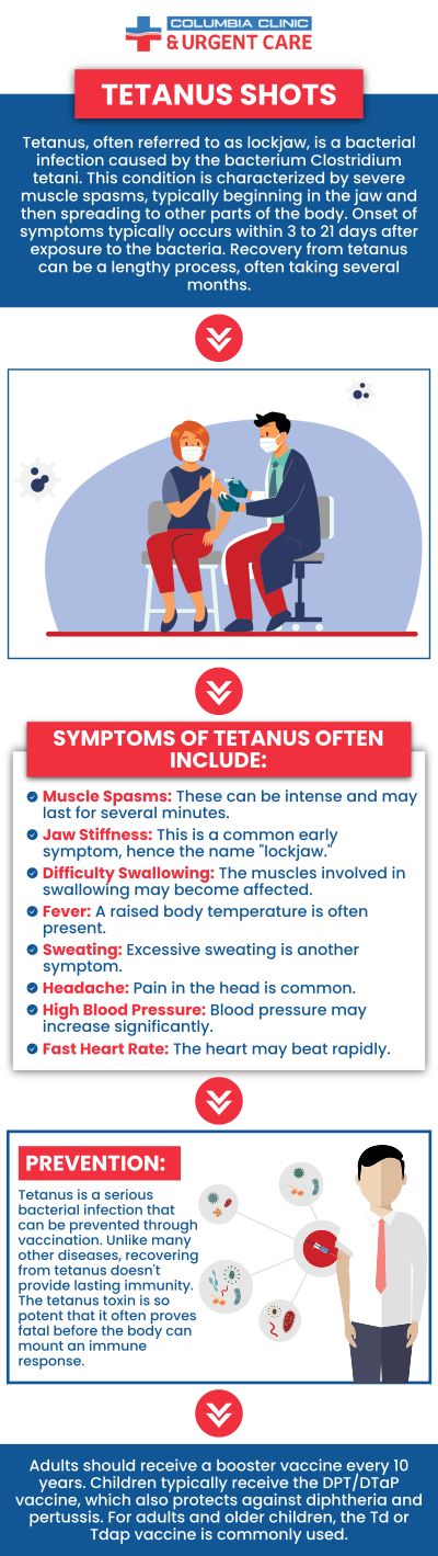 Tetanus shots are essential for preventing serious infections and should not be delayed. The cost of a tetanus shot can vary but generally ranges from $25 to $150 without insurance. If you or a loved one needs a tetanus shot, visit Columbia Clinic Urgent Care today for reliable and affordable care! We also accept walk-ins. For more information, please contact us or book an appointment online. We have convenient locations to serve you in Portland at 82nd Avenue Portland OR and Mall 205 Portland OR. Tetanus shots are essential for preventing serious infections and should not be delayed. The cost of a tetanus shot can vary but generally ranges from $25 to $150 without insurance. If you or a loved one needs a tetanus shot, visit Columbia Clinic Urgent Care today for reliable and affordable care! We also accept walk-ins. For more information, please contact us or book an appointment online. We have convenient locations to serve you in Portland at 82nd Avenue Portland OR and Mall 205 Portland OR.