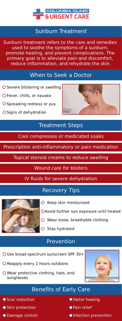 Sunburn is a painful skin reaction caused by UV rays exposure and can cause redness, pain, swelling, and peeling. Severe cases may cause blisters, fever, and chills. Most sunburns may be treated at home, but severe ones may require medical attention at an urgent care center. At Columbia Clinic Urgent Care, our doctors offer treatment for sunburn. For more information, contact us or book an appointment online. We have convenient locations to serve you at Tibbetts St Portland, Stark Street Portland, and Tigard, OR. We also accept walk-ins.