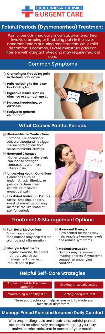 At Columbia Clinic Urgent Care, our experienced team understands how disruptive and painful period cramps can be. We provide compassionate, personalized care to help relieve your discomfort and restore your daily comfort. Our doctors use advanced diagnostic tools and effective treatment options to address menstrual pain at its root cause. For more information, please contact us or request an appointment online. We are conveniently located at 9415 SE Stark Street, 3rd Floor, Portland OR 97216.