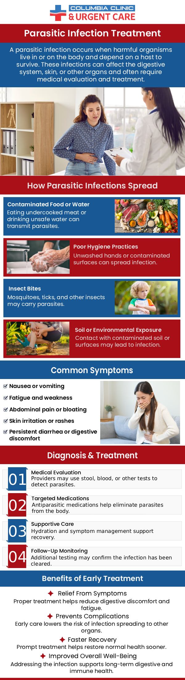 Parasites are living things that depend on their host for survival and either live on it or within it. These may result in a variety of health difficulties, including digestive disorders, anemia and exhaustion. Abdominal pain, diarrhea, nausea, vomiting, and weight loss are all typical signs of parasite infections. The benefits of seeking treatment for a parasite infection include a proper diagnosis and the right course of action, which can reduce symptoms and avoid consequences. To receive the right care and prevent further health problems, visit us at Columbia Urgent Care. For more information, contact us or schedule an appointment online. We have convenient locations to serve you at Tibbetts St Portland, Stark Street Portland and Tigard, OR.