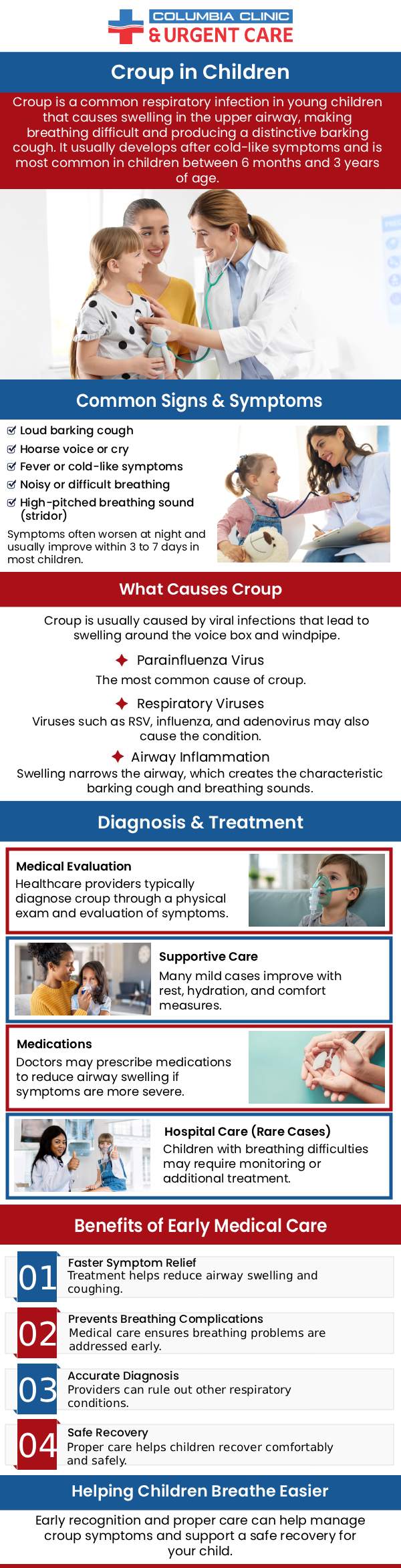 Croup is a common respiratory condition that affects young children, often causing a characteristic "barking" cough and difficulty breathing. At Columbia Clinic Urgent Care, we specialize in the diagnosis and treatment of croup. Our compassionate team provides effective treatments to help alleviate symptoms and ensure your child’s comfort. For more information, contact us or book an appointment online. Visit us at our convenient locations in Portland and Tigard, OR.