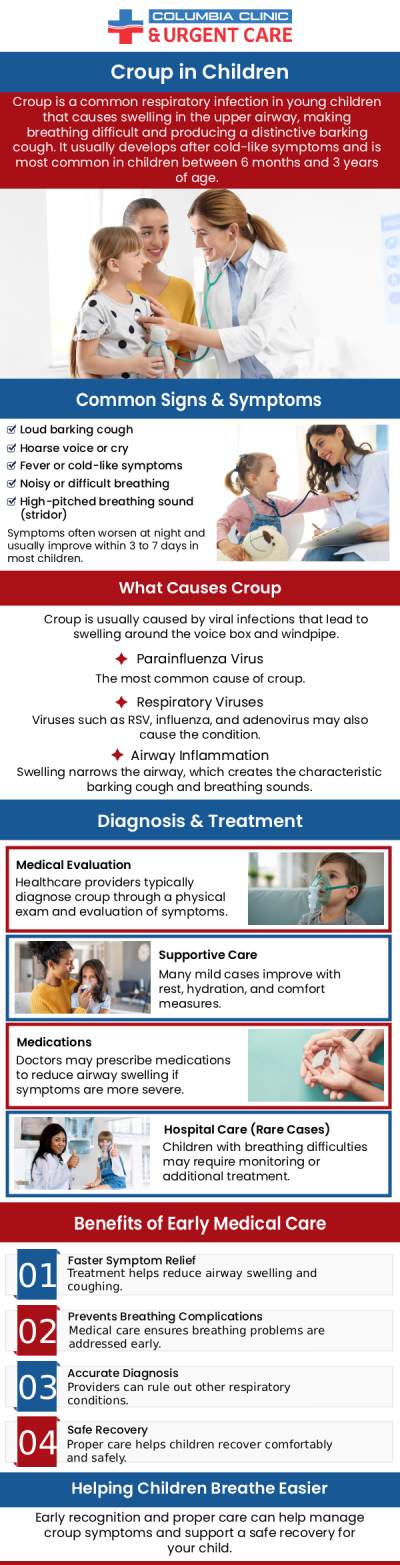 Croup is a common respiratory condition that affects young children, often causing a characteristic "barking" cough and difficulty breathing. At Columbia Clinic Urgent Care, we specialize in the diagnosis and treatment of croup. Our compassionate team provides effective treatments to help alleviate symptoms and ensure your child’s comfort. For more information, contact us or book an appointment online. Visit us at our convenient locations in Portland and Tigard, OR.