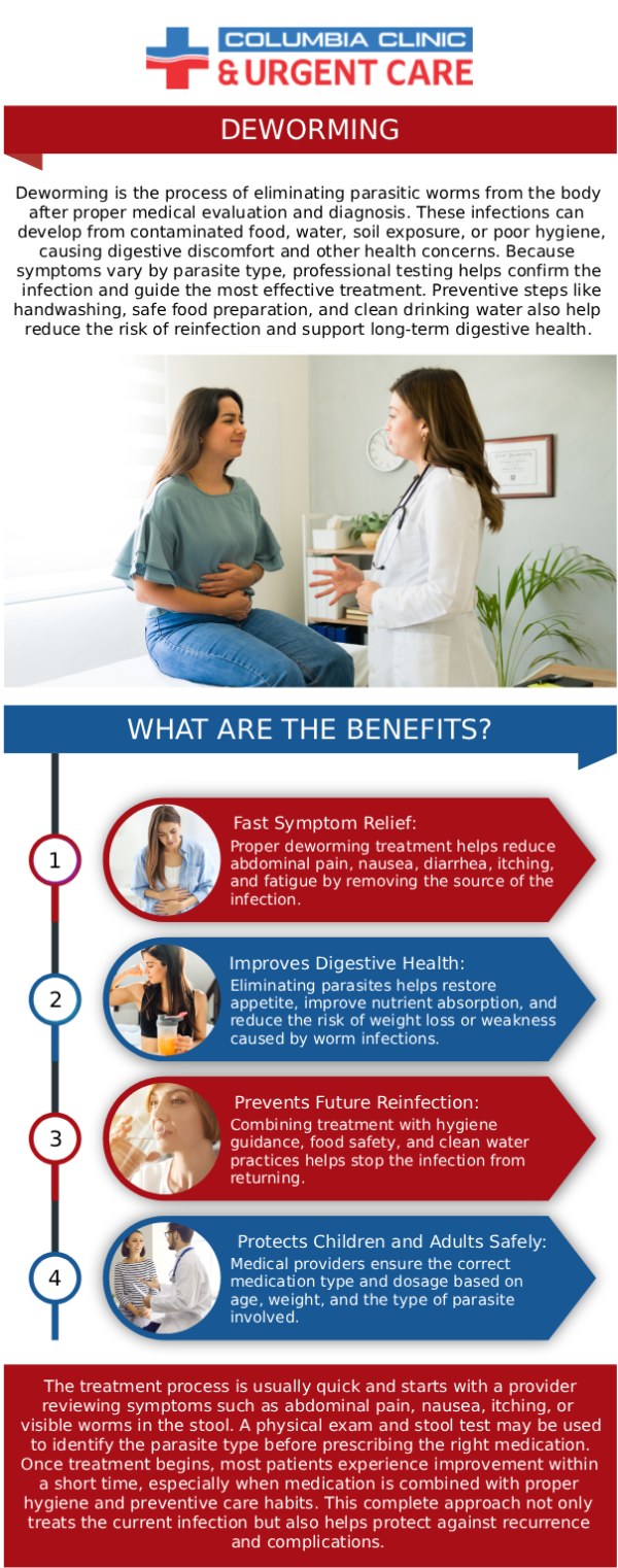 If you suspect you have a parasitic infection and need to deworm yourself, it's important to seek professional care for proper diagnosis and treatment. At Columbia Clinic Urgent Care, our team can provide the necessary evaluation to identify the type of parasite causing your symptoms. Depending on the diagnosis, we offer effective medications to safely eliminate the parasite from your system. For more information, contact us or book an appointment online. We have convenient locations to serve you at Tibbetts St Portland, Stark Street Portland, and Tigard, OR. We also accept walk-ins.